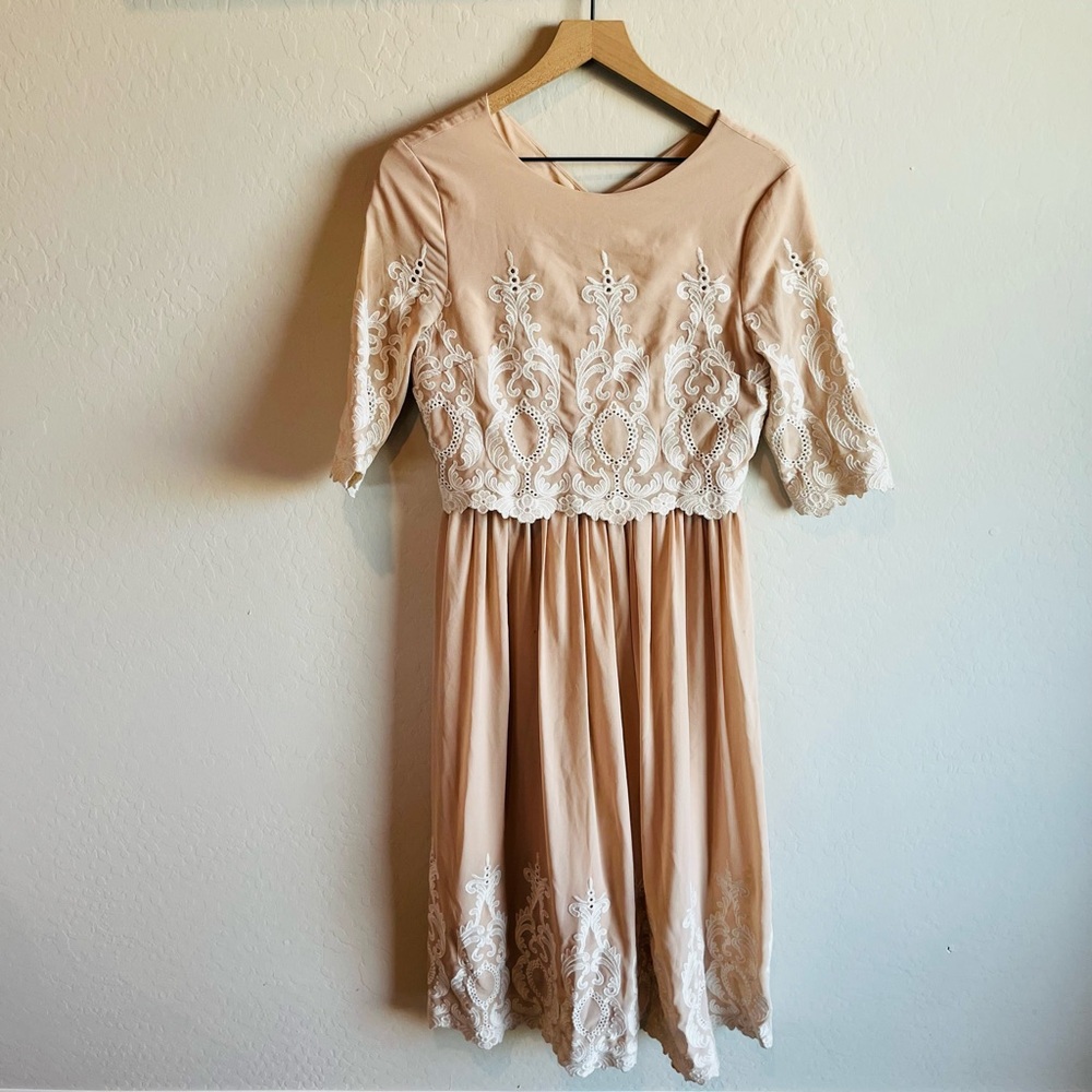 Hello Honey Tan Cream Embroidered Midi Dress Size M Lace Prairie Folk Cottage